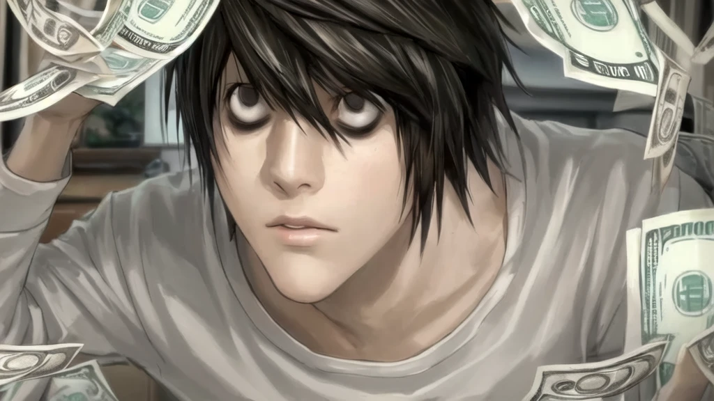 1 boy, man, perfect anatomy, mesmerizing black eyes, 8k resolution, (one person), (realism: 1.2), (masterpiece: 1.2), (cowboy frame: 1.2), dark romantic lighting, (high detail: 1.2), (detailed face: 1.2), (gradients), bright detailed eyes, (natural light: 1.2), solo, indoors, perfect lighting, perfect facial features, perfect angle, perfectly drawn eyes, man, skinny, serious expression, money, dollars, gold around, dollars