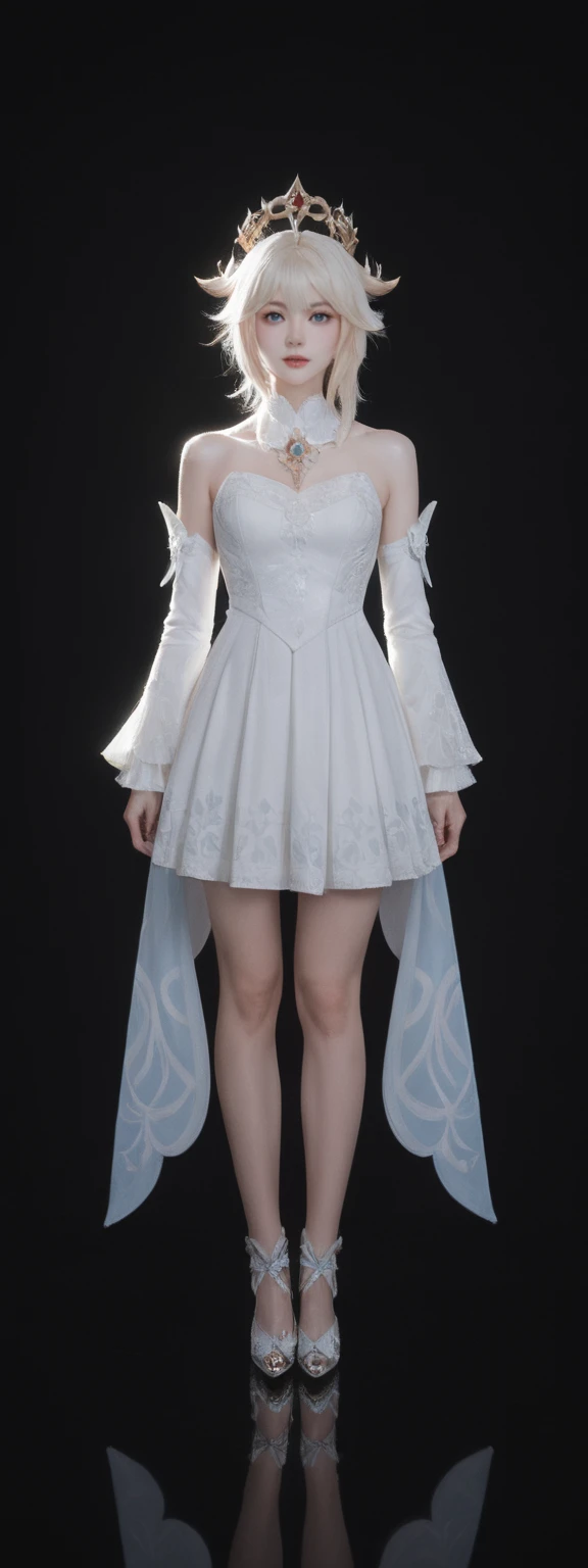 cinematic film, Realistic photograph,realistic, score_9, score_8_up, score_7_up, score_6_up,
1girl, solo, from front, full body, Paimon \(genshin impact\),, black background, makeup, sidelighting, backlighting, glowing,