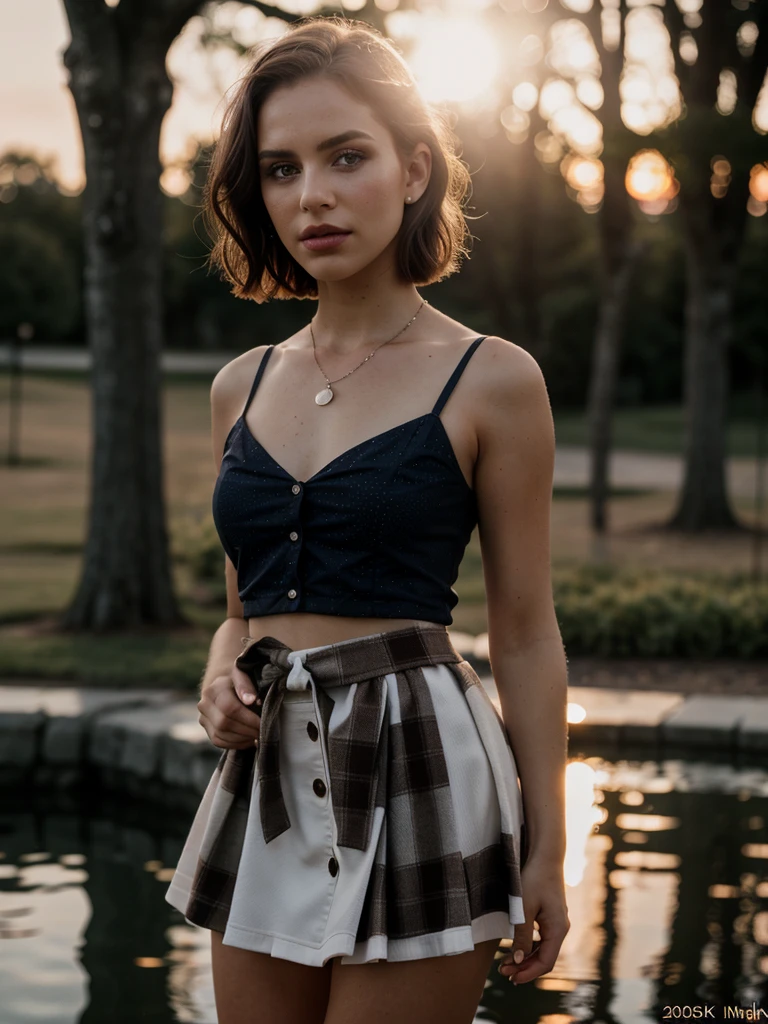 (sharp focus: 1.2), photo (full body) (American flat), attractive 30-year-old, (beautiful face: 1.1), detailed light brown eyes, (eye wrinkles), delicious fleshy lips, (eye makeup: 0.85), (medium breasts: 1.0), (firm body: 1.2), (proportional body), (short hair: 1.2), wearing (high school miniskirt) plaid miniskirt, (small white bustie, provocative neckline), (moderate lighting: 1.2), dusk, (pond in the background). (sunset), (lens flare), depth of field 1.6, 35mm, bokeh, 4K, HDR. Miss Universe, cover photo. ((skin with small spots and wrinkles), award-winning photography, (moody lighting: 1.2), depth of field, bokeh, 4K, HDR