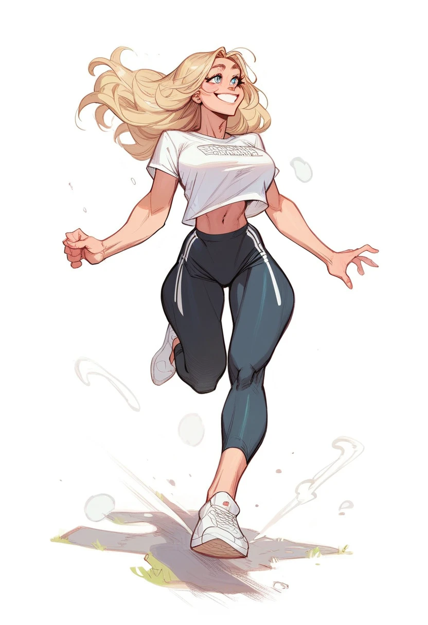 Score_9, Score_8_up, Score_7_up, 1 girl, blonde hair, almond eyes, almond eyes, curvy figure, hourglass figure, smile, white marathoner t-shirt, black leggings, sneakers, belly button, large bust, running, simple background, white background,