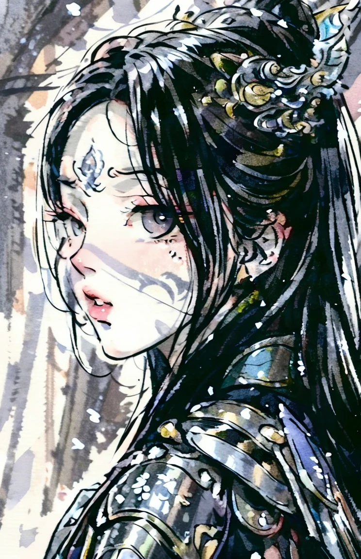 beautiful woman in samurai armor, detailed face, delicate features, piercing eyes, beautiful detailed lips, long eyelashes, intricate armor design, detailed textures, dramatic lighting, cinematic composition, fantasy art, muted color palette, dramatic shadows, digital art