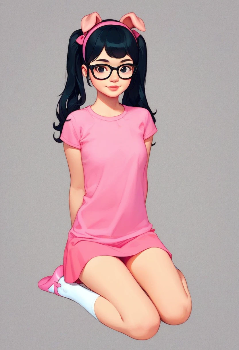 ashley, 1girl, solo, full body, black glasses, black hair, pig tails, pink shirt, short sleeves, white socks, pink mary janes, black eyes, simple background, source