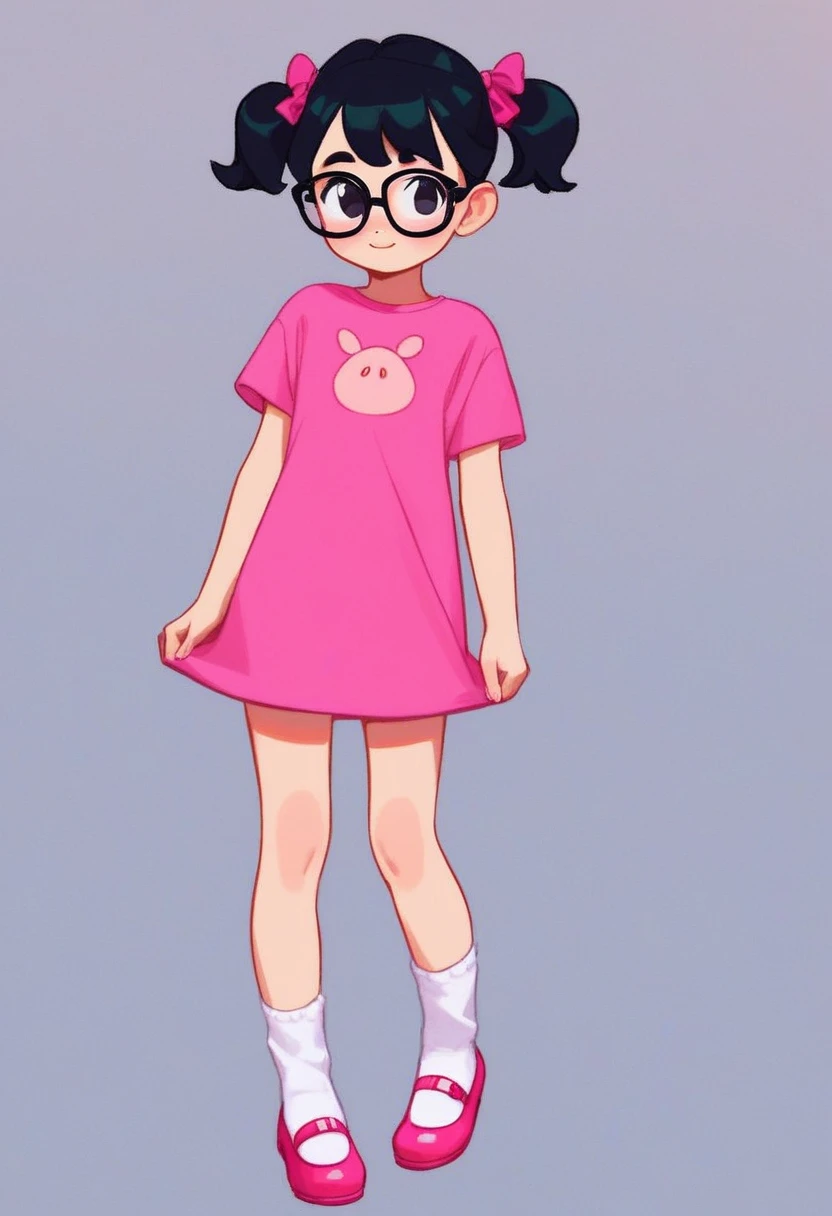 ashley, 1girl, solo, full body, black glasses, black hair, pig tails, pink shirt, short sleeves, white socks, pink mary janes, black eyes, simple background, source