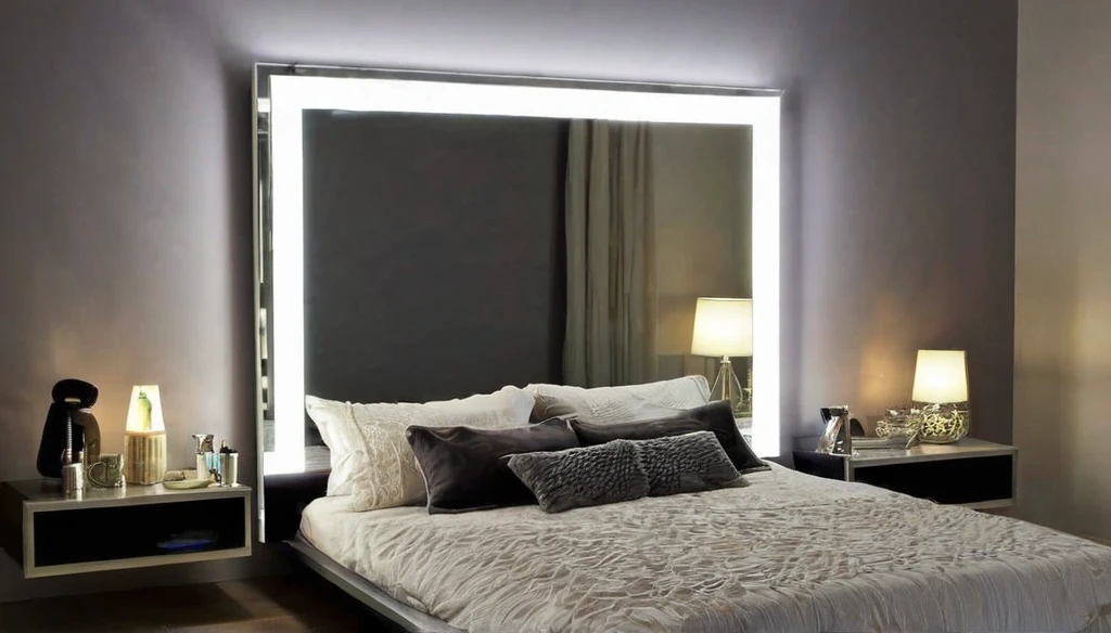 A full length Modern mirror inside a bedroom at night