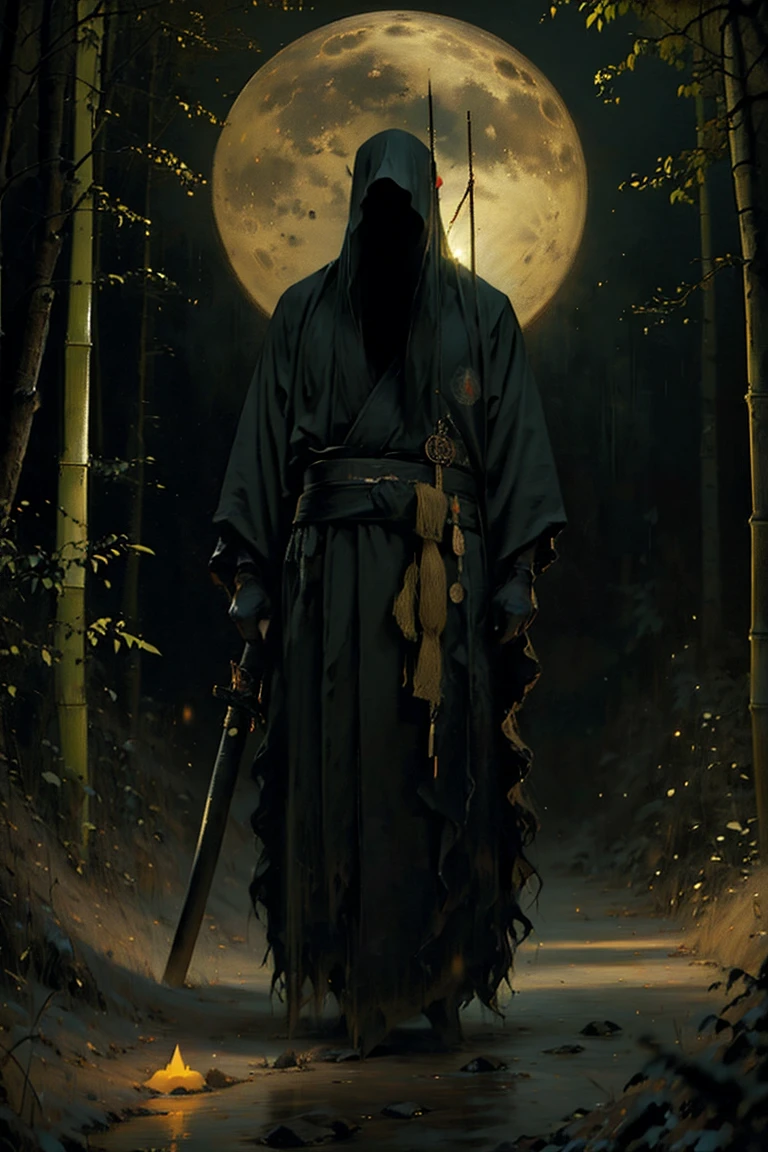 (best quality, 4k, highres, masterpiece:1.2), ultra-detailed, (realistic, photorealistic, photo-realistic:1.37), a man dressed as a samurai stands in the rain, wearing a bamboo hat (kasa) on his head. He is surrounded by a dense forest, alive with the sounds of nature. It's a moonlit night, and the darkness adds to the mysterious ambiance. The man is wearing a black kimono with neon red stripes that glow in the darkness, making him stand out in the scene. His sword (katana) is unsheathed, ready for action in the face of imminent disasters.