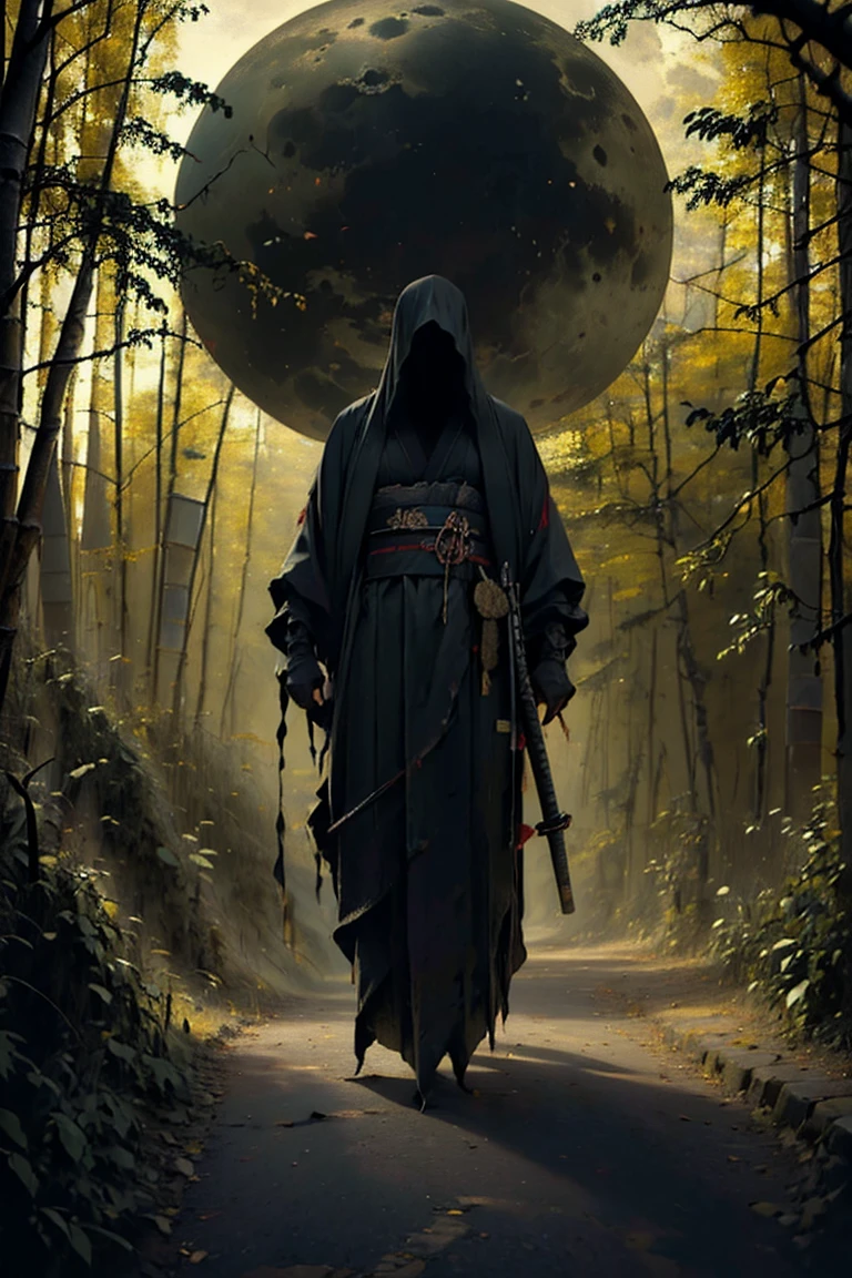 (best quality, 4k, highres, masterpiece:1.2), ultra-detailed, (realistic, photorealistic, photo-realistic:1.37), a man dressed as a samurai stands in the rain, wearing a bamboo hat (kasa) on his head. He is surrounded by a dense forest, alive with the sounds of nature. It's a moonlit night, and the darkness adds to the mysterious ambiance. The man is wearing a black kimono with neon red stripes that glow in the darkness, making him stand out in the scene. His sword (katana) is unsheathed, ready for action in the face of imminent disasters.