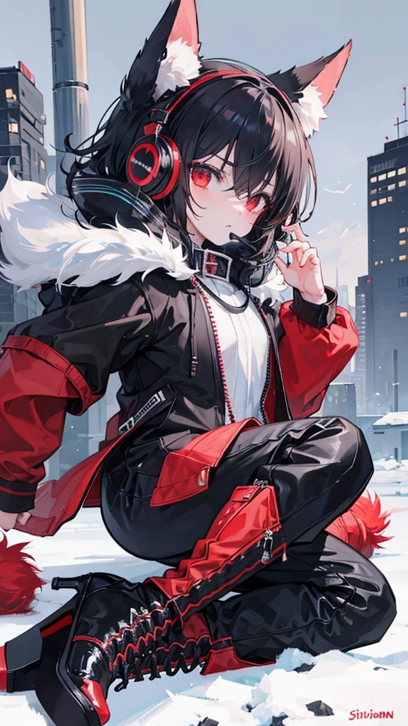 Winter city,whole body,shortness of breath,Beastman,shota,Wolf,headphone,Long Parka,pants,Black
long boots,Stiletto heels with red soles,Running,Character portrait, High resolution,