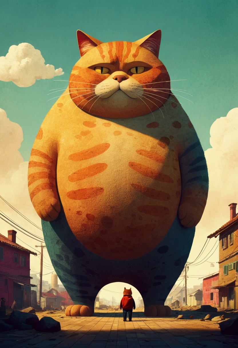 Giant fat Cat, full body, outdoor, by Dan Matutina, cinematic still, (best quality, masterpiece), very aesthetic, perfect composition, intricate details, ultra-detailed, vivid colors