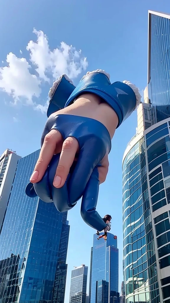 Giant doll crushing blue buildings