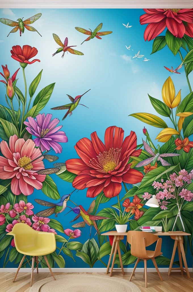 Design a mural for me that has plants, flores, dragonflies and hummingbirds