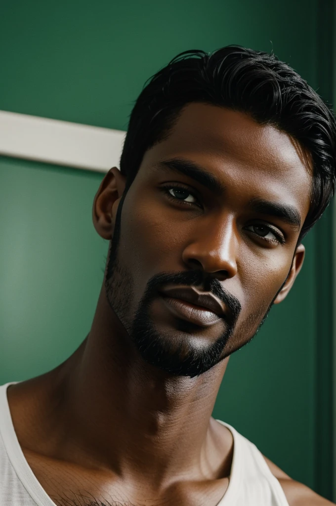 a tall handsome man with dark skin, green eyes, black hair