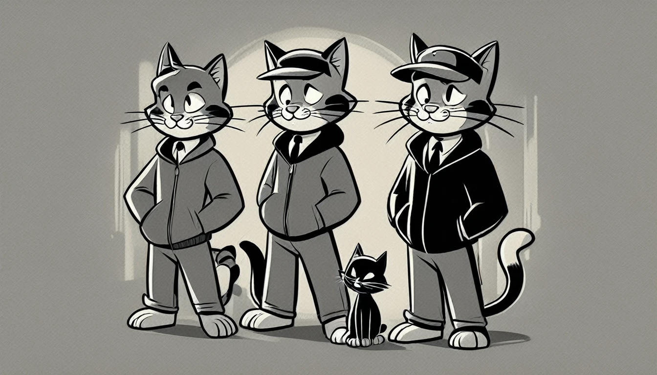 Generate an image in the style of a 1950s and 1960s advertisement featuring: personagem: three cat (like the vault boy) professioals hackers, like a super hero squad using a black hoodie. The background should be simple and uncluttered. Use only this cores: limited color palette of gray tones Use: clear lines, thick lines, and bold outlines

