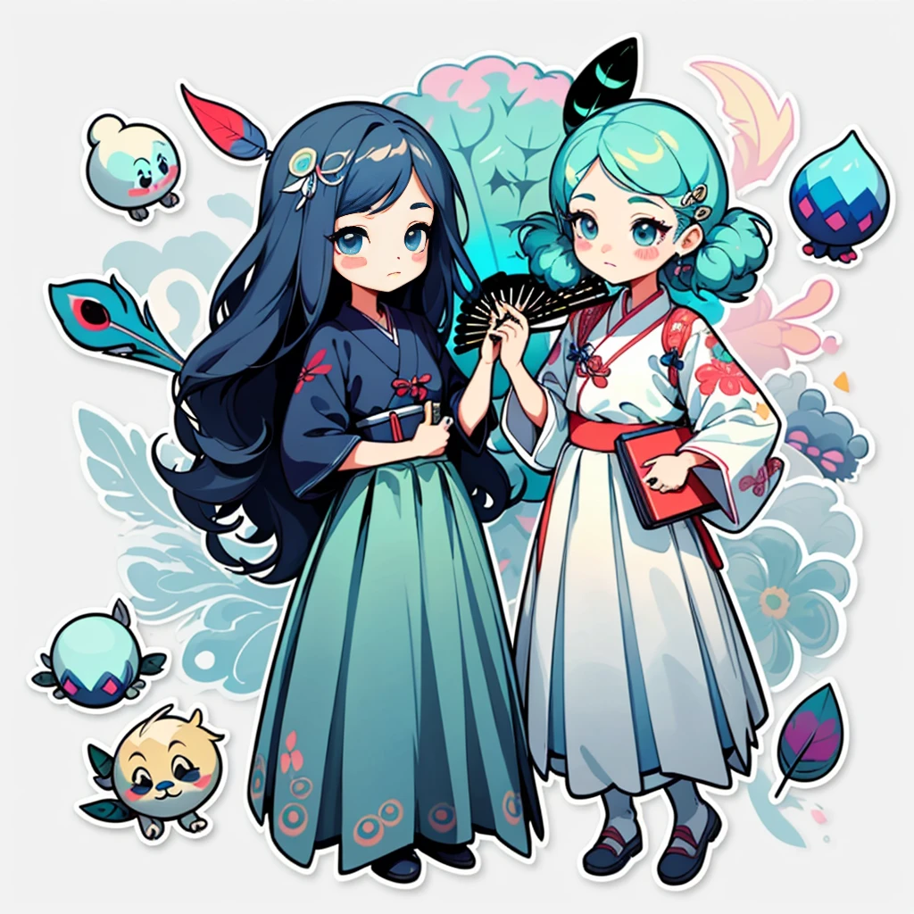 1 sticker, handbook, (2d sticker, paperdoll, 1 girl, Korean paper clothes, gorgeous collar top, pleated long skirt, embroidery, peacock, hairpin, folding fan, feather, parts split), watercolor, white background, simple background, minimal, cute, tiny, pastel color, vector style, no gradient,