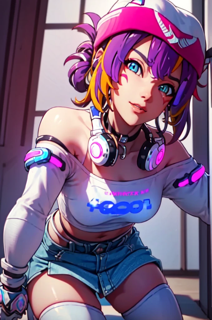 (((Glowing neon eyes))), ((masterpiece, best quality)), 1girl, solo, Kiriko LeSserafim, upper body, short hair, brown eyes, multicolored hair, blue hair, yellow highlights, bangs, pink headwear, hair between eyes, (white off-shoulder shirt:1.5), ((gloves:1.5)), pointing to her face, fingerless gloves, hoop earrings, (white shirt:1.5), headphones around neck, thighhigh, white gloves, lace-up boots, boots, gloves, jacket around waist, thighhighs, breasts, headphones, standing, jewelry, bracelet, midriff, white crop top, cross-laced footwear single kneehigh, smile, earrings, jewelry, hat, looking at viewer, makeup, facepaint, facial mark, detached sleeves, lips, indoors, japanese house, hands on her face, portrait,  