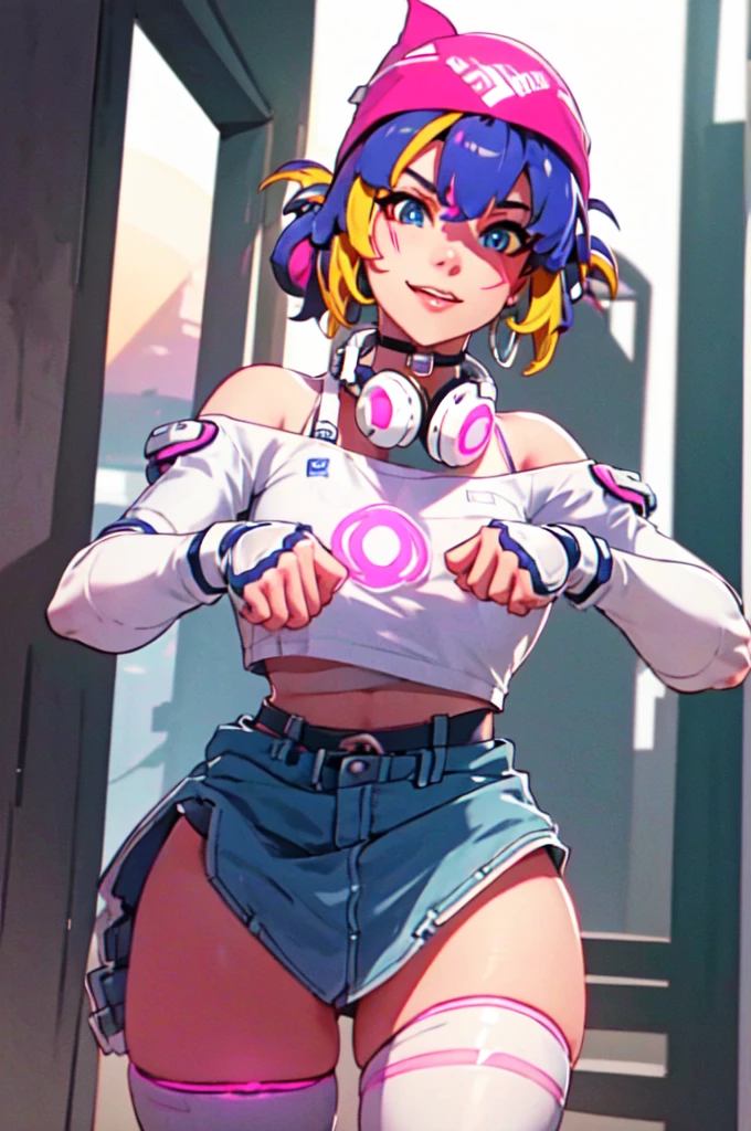 (((Glowing neon eyes))), ((masterpiece, best quality)), 1girl, solo, Kiriko LeSserafim, upper body, short hair, brown eyes, multicolored hair, blue hair, yellow highlights, bangs, pink headwear, hair between eyes, (white off-shoulder shirt:1.5), ((gloves:1.5)), pointing to her face, fingerless gloves, hoop earrings, (white shirt:1.5), headphones around neck, thighhigh, white gloves, lace-up boots, boots, gloves, jacket around waist, thighhighs, breasts, headphones, standing, jewelry, bracelet, midriff, white crop top, cross-laced footwear single kneehigh, smile, earrings, jewelry, hat, looking at viewer, makeup, facepaint, facial mark, detached sleeves, lips, indoors, japanese house, hands on her face, portrait,  