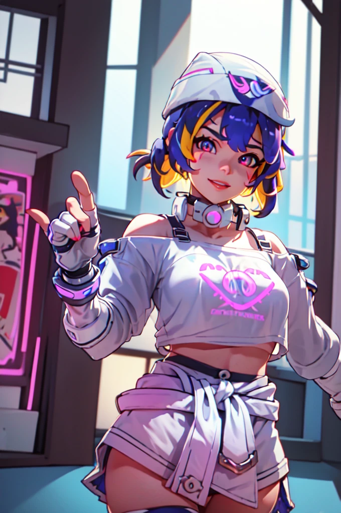 (((Glowing neon eyes))), ((masterpiece, best quality)), 1girl, solo, Kiriko LeSserafim, upper body, short hair, brown eyes, multicolored hair, blue hair, yellow highlights, bangs, pink headwear, hair between eyes, (white off-shoulder shirt:1.5), ((gloves:1.5)), pointing to her face, fingerless gloves, hoop earrings, (white shirt:1.5), headphones around neck, thighhigh, white gloves, lace-up boots, boots, gloves, jacket around waist, thighhighs, breasts, headphones, standing, jewelry, bracelet, midriff, white crop top, cross-laced footwear single kneehigh, smile, earrings, jewelry, hat, looking at viewer, makeup, facepaint, facial mark, detached sleeves, lips, indoors, japanese house, hands on her face, portrait,  