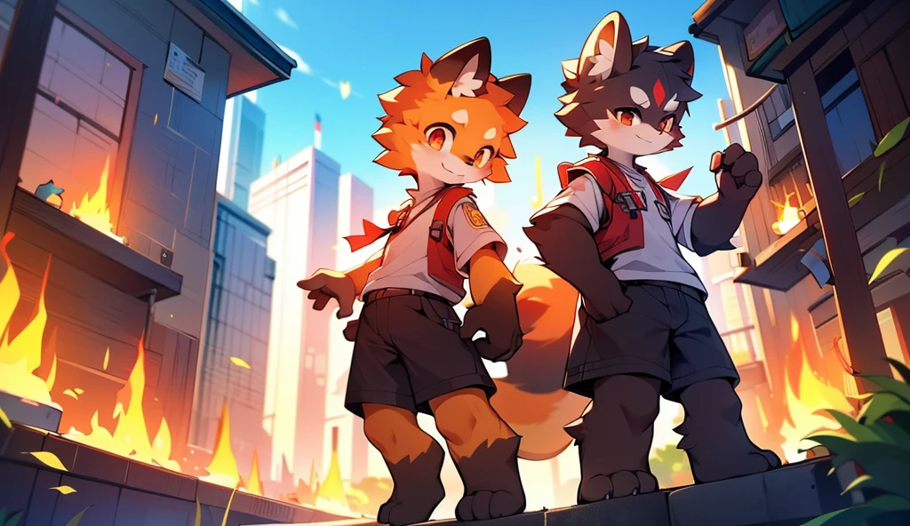 Red Panda Boy,8k resolution,Furry, Uniform attire,Red collar,feetは二つ,feetで立つ! towering,lanky,lanky,:slim body,:tall hands,feet,It's bright outside,Cityscape,Balcony,fire,broken,・split arms,・bad anatomy,・bad body,