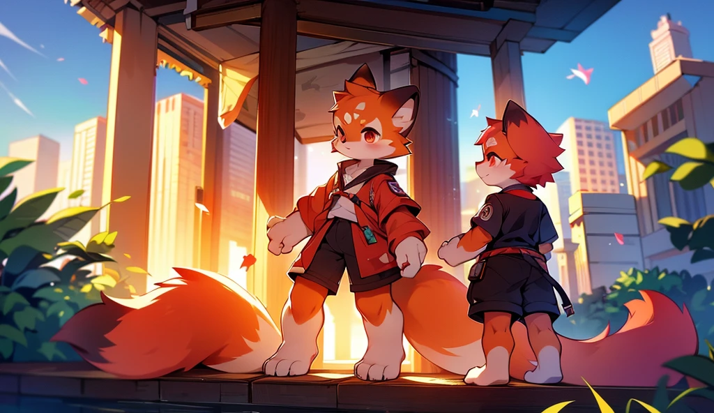 Red Panda Boy,8k resolution,Furry, Uniform attire,Red collar,feetは二つ,feetで立つ! towering,lanky,lanky,:slim body,:tall hands,feet,It's bright outside,Cityscape,Balcony,fire,broken,・split arms,・bad anatomy,・bad body,