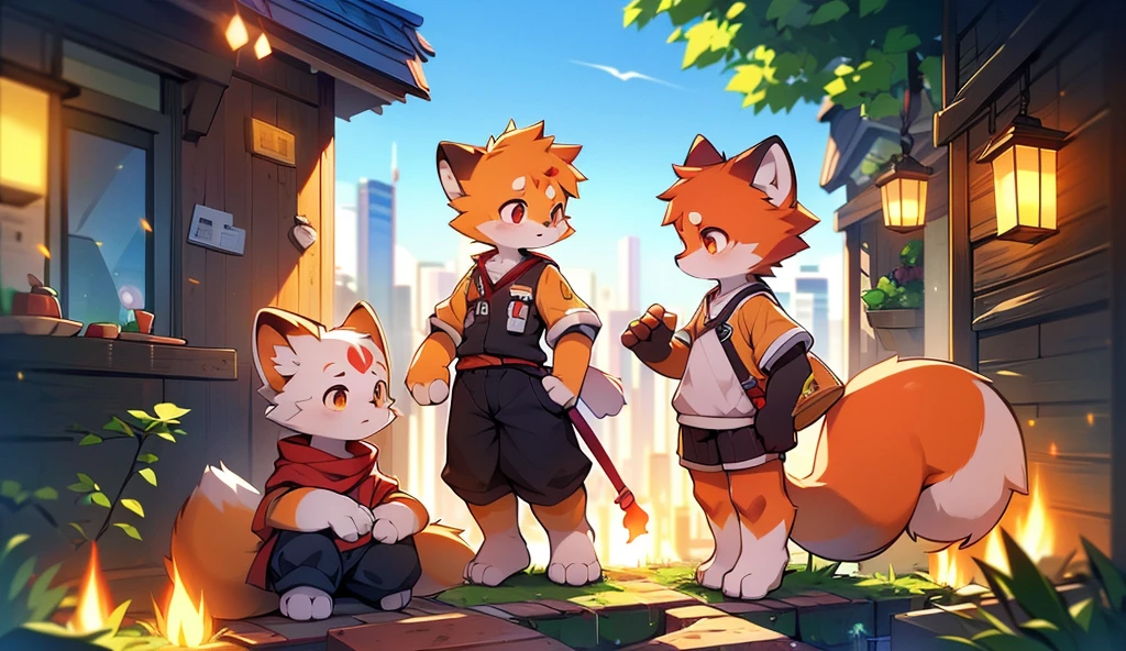 Red Panda Boy,8k resolution,Furry, Uniform attire,Red collar,feetは二つ,feetで立つ! towering,lanky,lanky,:slim body,:tall hands,feet,It's bright outside,Cityscape,Balcony,fire,broken,・split arms,・bad anatomy,・bad body,