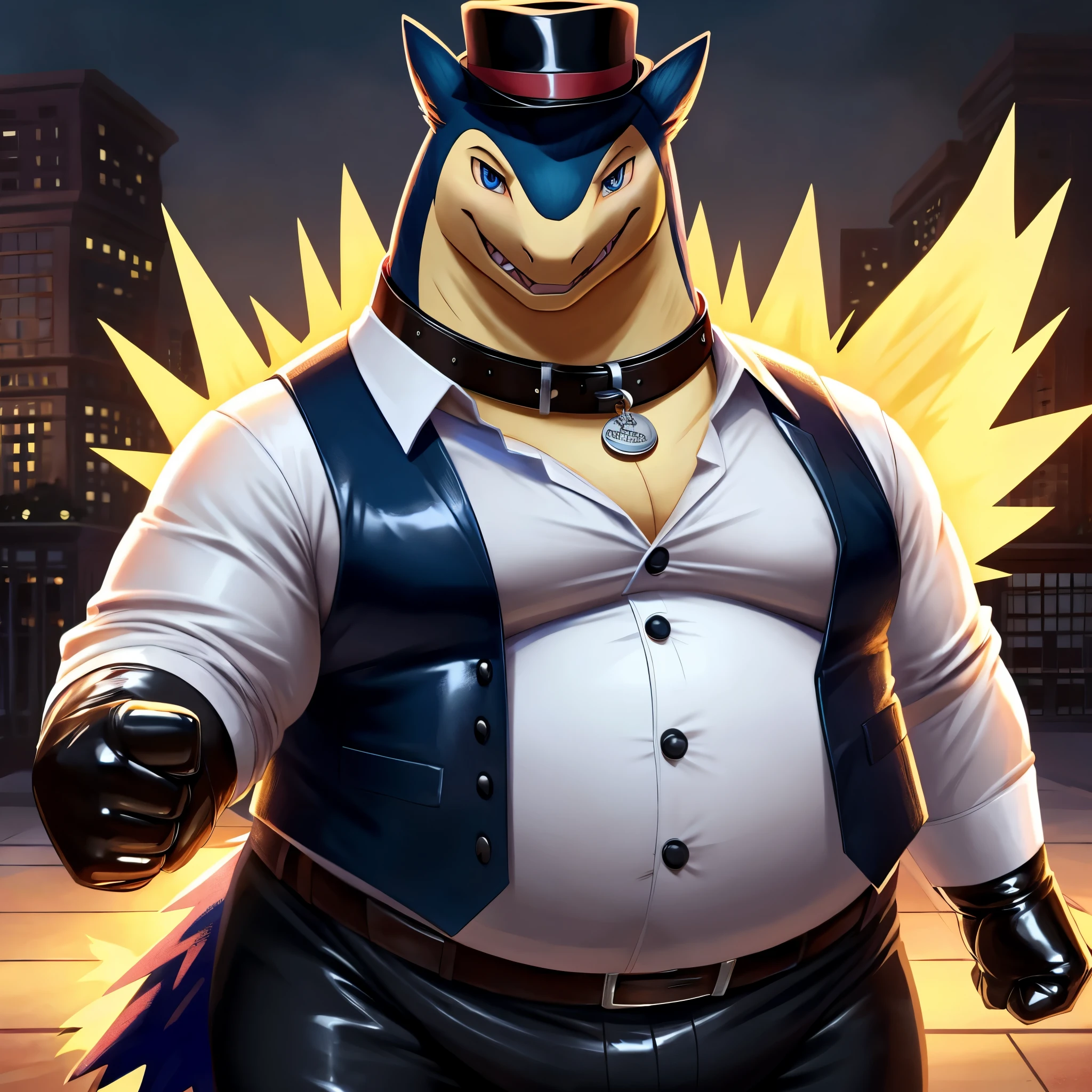 Solo, Male, fat, extremely obese, gentleman, dapper Professor Typhlosion, mob boss, blue eyes, (posing:1.3), (soft shading), 4k, hi res, ((detailed face, detailed)), looking at viewer, mouth wide open, dapper clothing, collared shirt with buttons, bowler hat, male focus, Explorer Outfit, glasses, monocle, vest with buttons, sleeves rolled up, round eyewear, brown headwear, brown vest, office, Typhlosion is wearing a glossy leather dog collar around the neck, Typhlosion is wearing the leather collar and shirt and vest at the same time, Typhlosion is wearing glossy white rubber gloves on the hands, wearing white rubber gloves on the feet, gloves are rubber in texture, clenching teeth, clenching fists, leather collar is glossy and shiny with a lot of detail, Typhlosion is wearing gloves and leather collar at the same time, leather collar has a round dog-tag, leather collar is thick and detailed, leather collar is glossy and shiny, fancy clothing, dapper vest, dapper shirt, leather collar is thick, glossy leather collar.