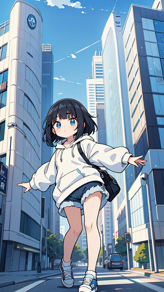 black hair, Blue eyes, girl, bob, front, whole body,White hoodie, Gray shorts,White and blue shoes,(((Anime style))),cute,Buildings,Tokyo