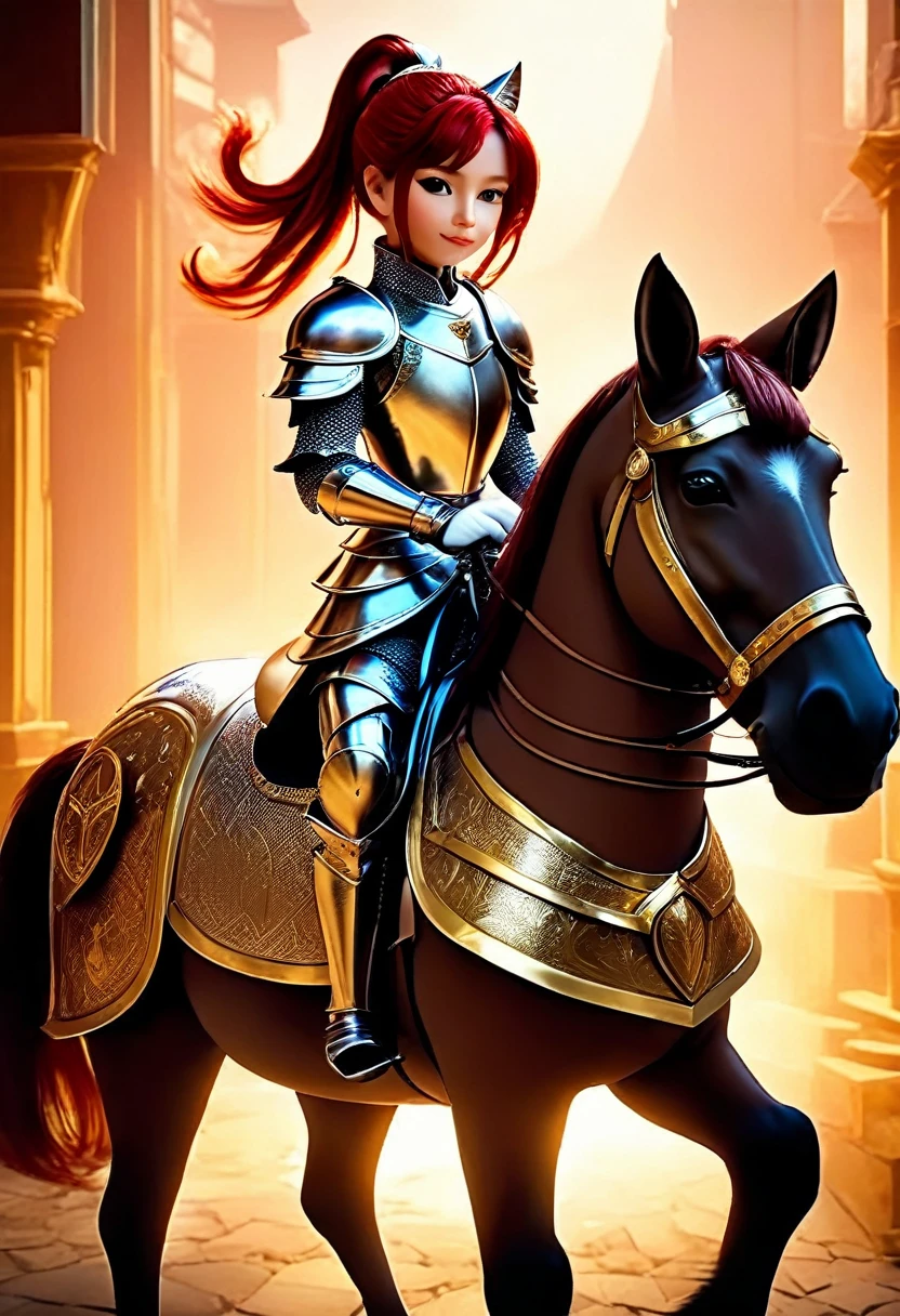 aarafed a picture of a  human knight riding an ((epic sized cat: 1.3)) וin fantasy street, a  a human knight, full body, ((anatomically correct: 1.5), female knight, red hair, long hair, hair in a pony tail, wearing knight's armor, decorated armor, high heeled boots, BREAK riding a ((cat big as a horse: 1.5)), the cat is wearing armor ready for battle, dynamic color cat Hyperrealism style, vibrant, Ultra-high resolution, High Contrast, (masterpiece:1.5), highest quality, Best aesthetics), best details, best quality, highres, ultra wide angle, 16k, [ultra detailed], masterpiece, best quality, (extremely detailed) RAW, ArmoredDress