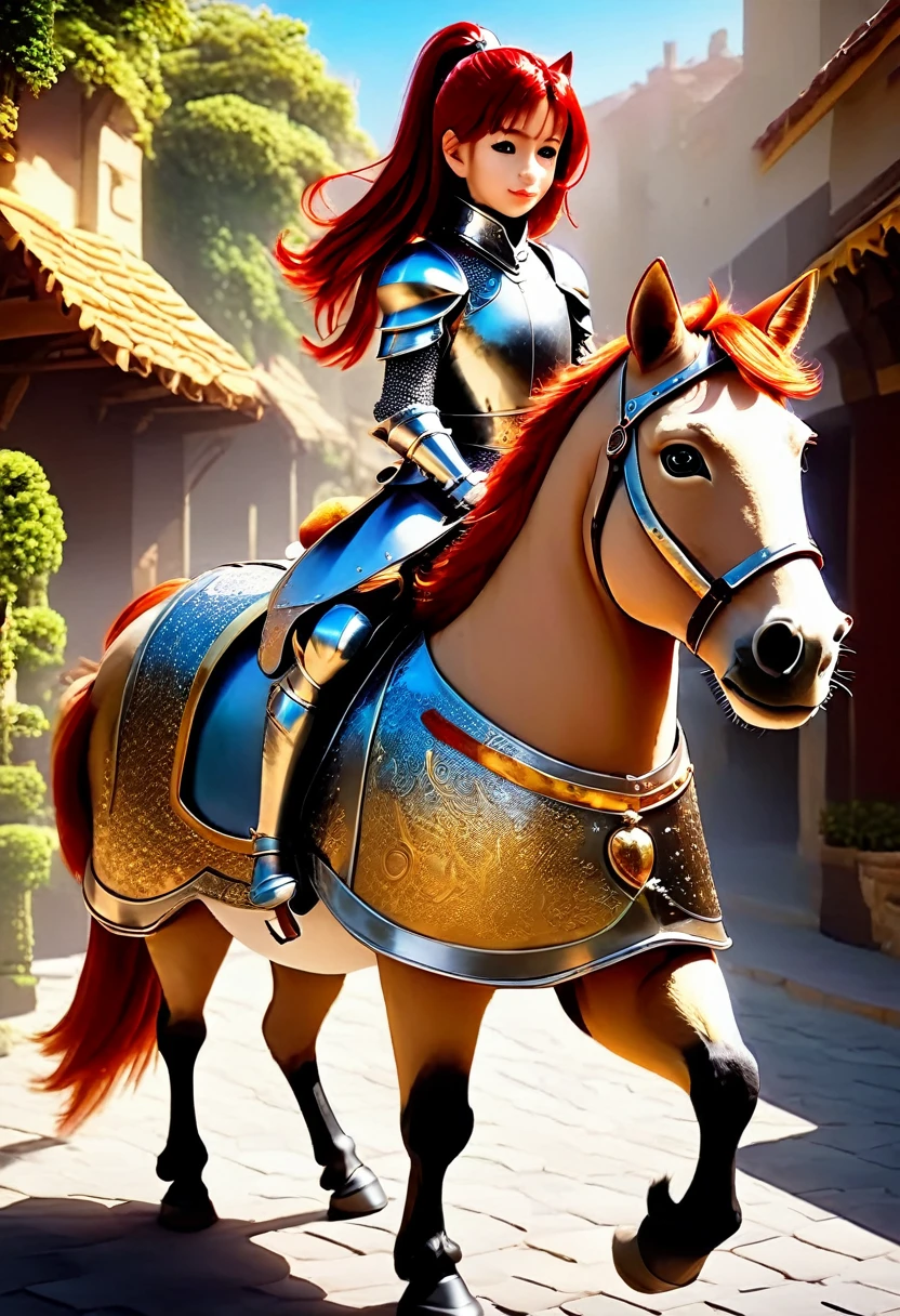 aarafed a picture of a  human knight riding an ((epic sized cat: 1.3)) וin fantasy street, a  a human knight, full body, ((anatomically correct: 1.5), female knight, red hair, long hair, hair in a pony tail, wearing knight's armor, decorated armor, high heeled boots, BREAK riding a ((cat big as a horse: 1.5)), the cat is wearing armor ready for battle, dynamic color cat Hyperrealism style, vibrant, Ultra-high resolution, High Contrast, (masterpiece:1.5), highest quality, Best aesthetics), best details, best quality, highres, ultra wide angle, 16k, [ultra detailed], masterpiece, best quality, (extremely detailed) RAW, ArmoredDress