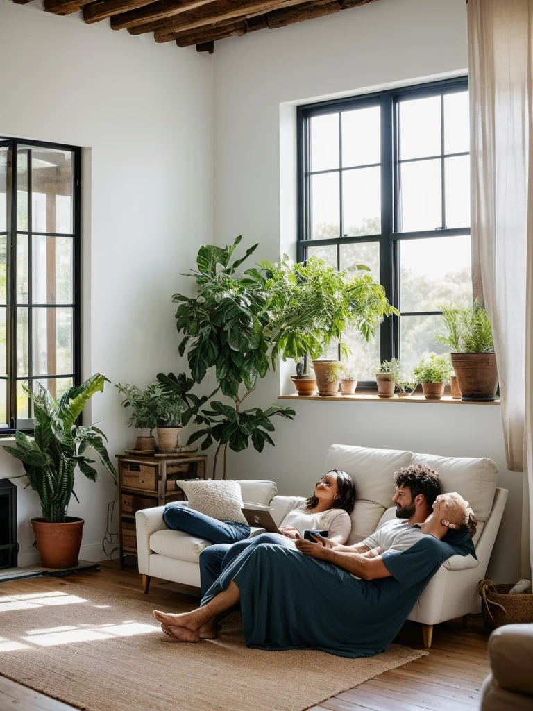 The picture shows a cozy living room scene with a couple relaxing together on a white sofa. The man is sitting upright, leaning back comfortably, while the woman is lying down with her head resting on his lap. They both appear content and are looking at a smartphone the woman is holding. The room has a light and airy feel, with a large window allowing natural light to fill the space. There's an air conditioning unit mounted on the wall behind them. The wall has a rustic, partially distressed look, adding character to the room. There's also a side table with decorative items, a potted plant, and a floor lamp in the background. The overall atmosphere is relaxed and intimate.
