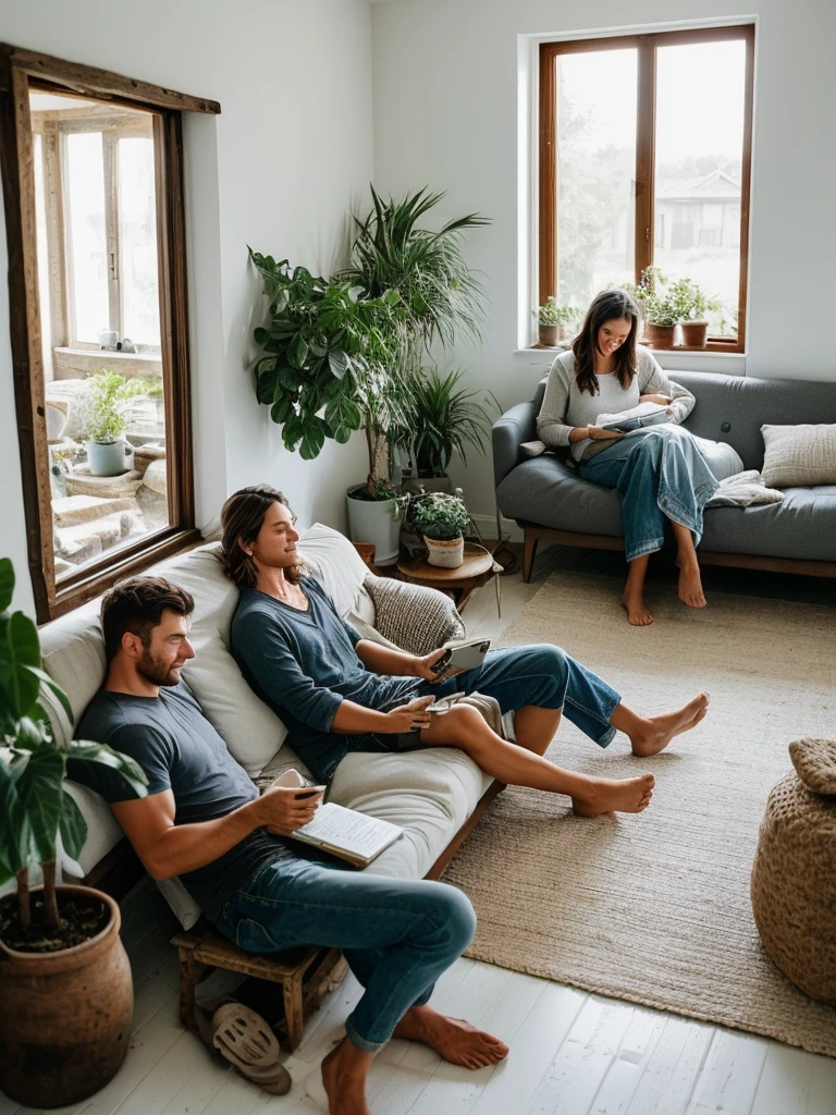 The picture shows a cozy living room scene with a couple relaxing together on a white sofa. The man is sitting upright, leaning back comfortably, while the woman is lying down with her head resting on his lap. They both appear content and are looking at a smartphone the woman is holding. The room has a light and airy feel, with a large window allowing natural light to fill the space. There's an air conditioning unit mounted on the wall behind them. The wall has a rustic, partially distressed look, adding character to the room. There's also a side table with decorative items, a potted plant, and a floor lamp in the background. The overall atmosphere is relaxed and intimate.