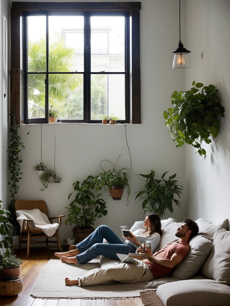 The picture shows a cozy living room scene with a couple relaxing together on a white sofa. The man is sitting upright, leaning back comfortably, while the woman is lying down with her head resting on his lap. They both appear content and are looking at a smartphone the woman is holding. The room has a light and airy feel, with a large window allowing natural light to fill the space. There's an air conditioning unit mounted on the wall behind them. The wall has a rustic, partially distressed look, adding character to the room. There's also a side table with decorative items, a potted plant, and a floor lamp in the background. The overall atmosphere is relaxed and intimate.