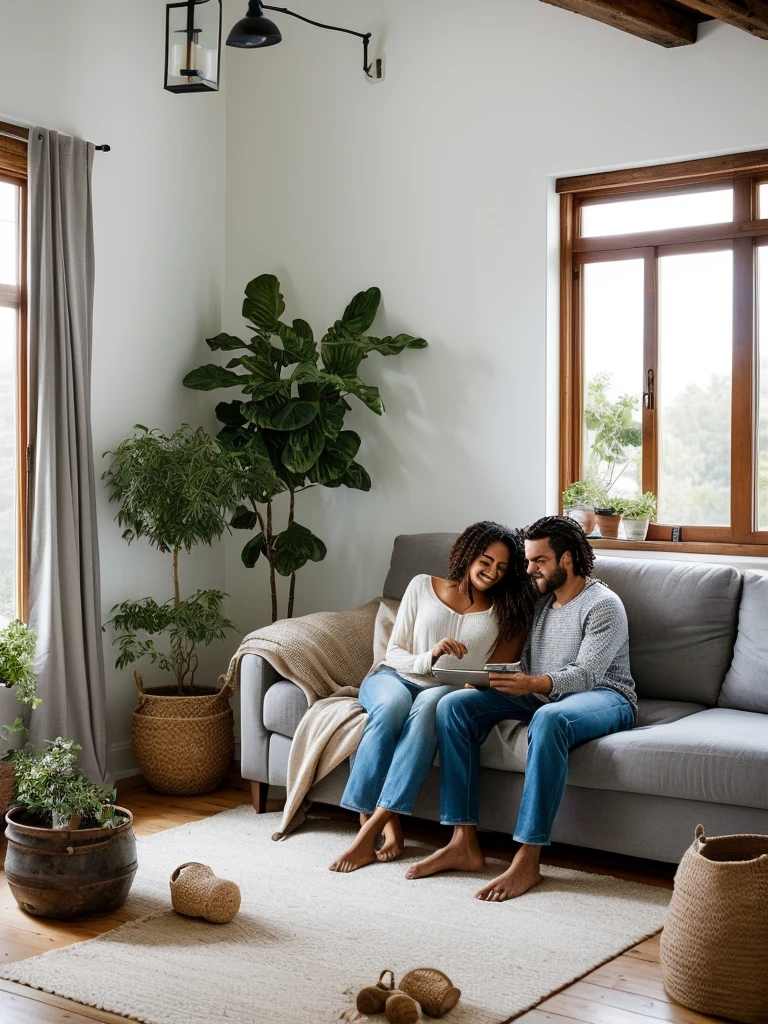 The picture shows a cozy living room scene with a couple relaxing together on a white sofa. The man is sitting upright, leaning back comfortably, while the woman is lying down with her head resting on his lap. They both appear content and are looking at a smartphone the woman is holding. The room has a light and airy feel, with a large window allowing natural light to fill the space. There's an air conditioning unit mounted on the wall behind them. The wall has a rustic, partially distressed look, adding character to the room. There's also a side table with decorative items, a potted plant, and a floor lamp in the background. The overall atmosphere is relaxed and intimate.