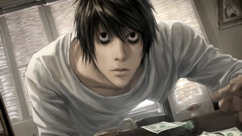 1 boy, man, perfect anatomy, mesmerizing black eyes, 8k resolution, (one person), (realism: 1.2), (masterpiece: 1.2), (cowboy frame: 1.2), dark romantic lighting, (high detail: 1.2), (detailed face: 1.2), (gradients), bright detailed eyes, (natural light: 1.2), solo, indoors, perfect lighting, perfect facial features, perfect angle, perfectly drawn eyes, man, skinny, serious expression, money, dollars, gold around, dollars