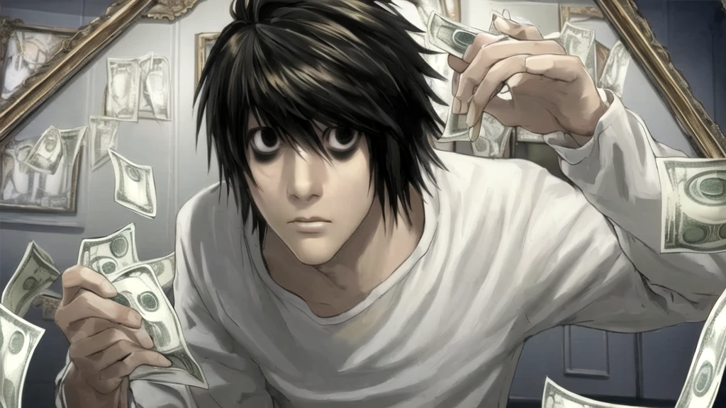 1 boy, man, perfect anatomy, mesmerizing black eyes, 8k resolution, (one person), (realism: 1.2), (masterpiece: 1.2), (cowboy frame: 1.2), dark romantic lighting, (high detail: 1.2), (detailed face: 1.2), (gradients), bright detailed eyes, (natural light: 1.2), solo, indoors, perfect lighting, perfect facial features, perfect angle, perfectly drawn eyes, man, skinny, serious expression, money, dollars, gold around, dollars