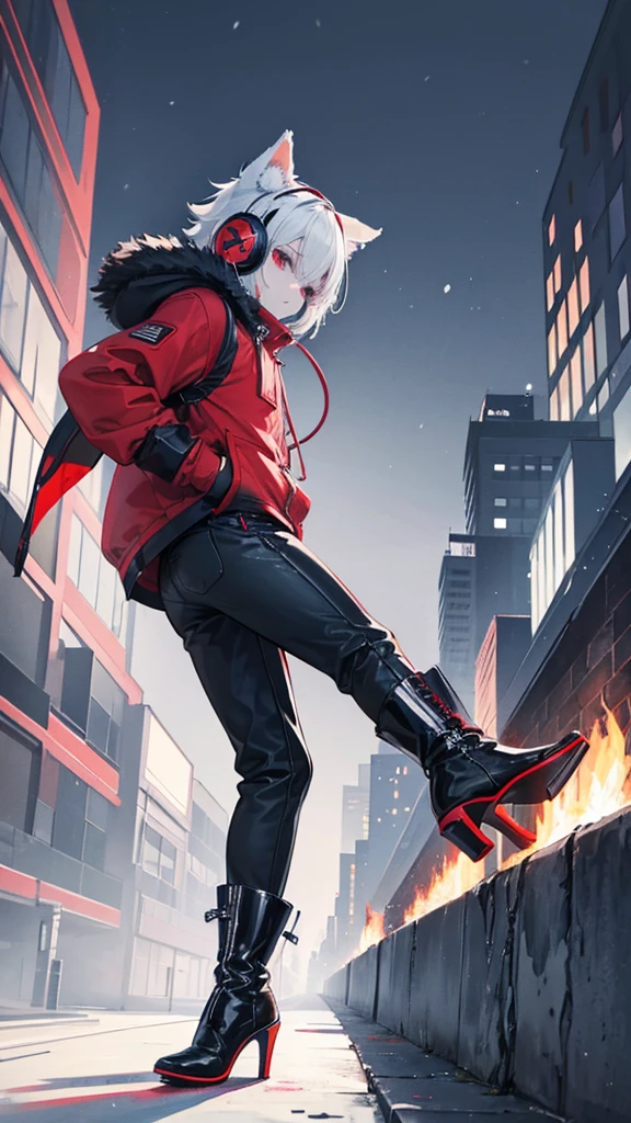 Winter city,whole body,shortness of breath,Beastman,shota,Wolf,headphone,Long Parka,pants,Black
long boots,Stiletto heels with red soles,Running,Character portrait, High resolution,