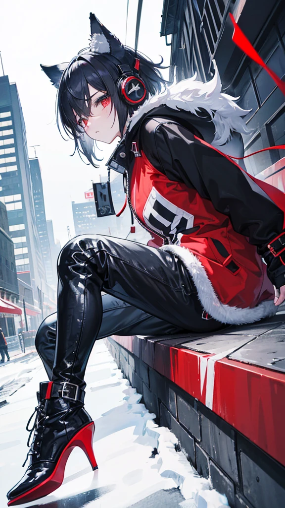 Winter city,whole body,shortness of breath,Beastman,shota,Wolf,headphone,Long Parka,pants,Black 
long boots,Stiletto heels with red soles,Running,Character portrait, High resolution, 