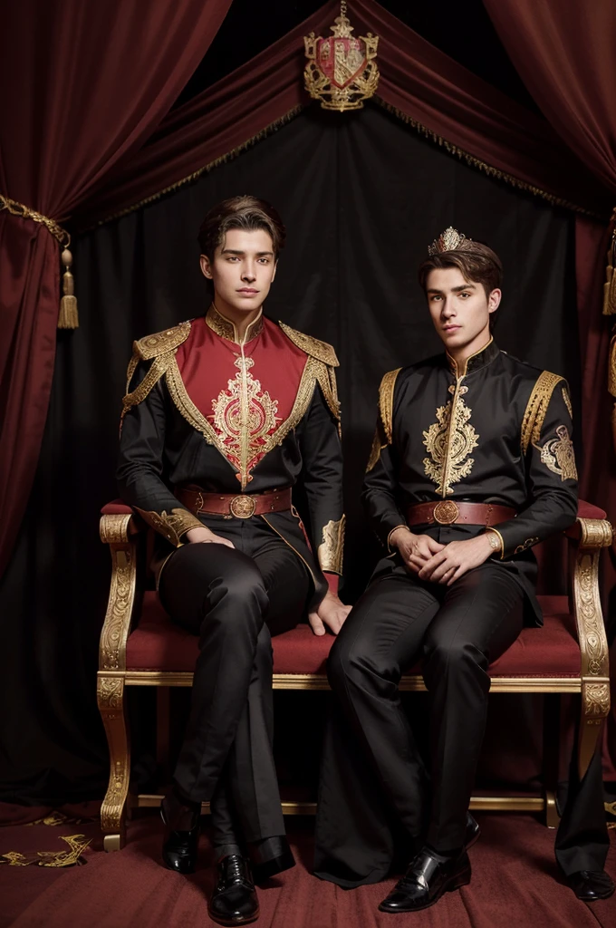 Impeccably detailed image in black, red and shades of gold, photo with graphic heraldry art elements. Harmonious body of a young man sitting on a throne we see the hips, two young men with beautiful bodies on both sides of him holding a crown over his head - coronation theme