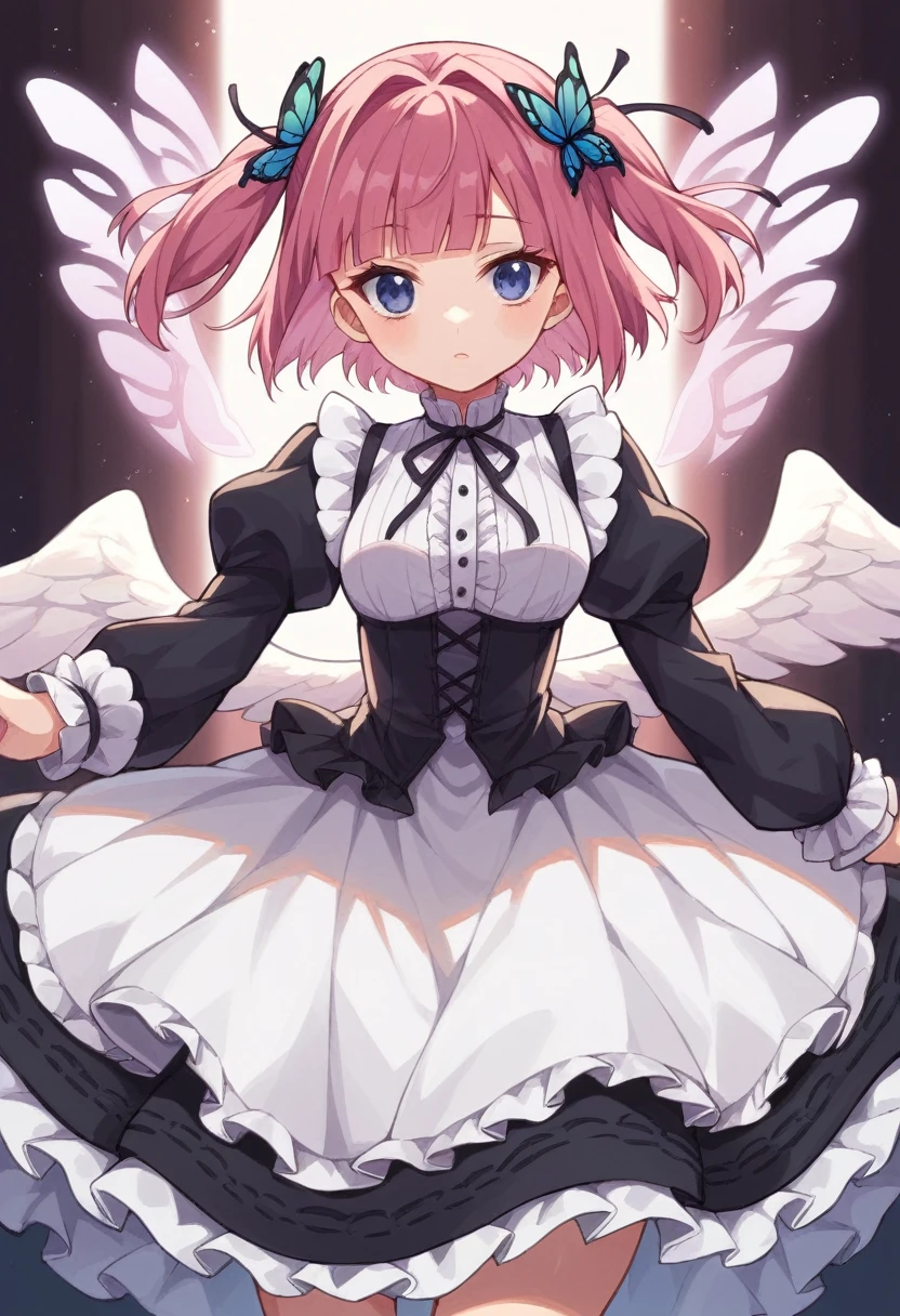 nino nakano, short hair, bangs, blue eyes, hair ornament, hair ribbon, pink hair, blunt bangs, two side up, butterfly hair ornament,long twintails,,Pink and white dress, Takanobu Fujiwara(Takanobu Fujiwara)Digital rendering inspired by, pixiv, rococo, Victoria Gothic Lolita Fashion, Lolita Style, , rococo dress, lolita fashion, one-piece,dress,petticoat,dynamic pose, angel wings, frills, tighthighs