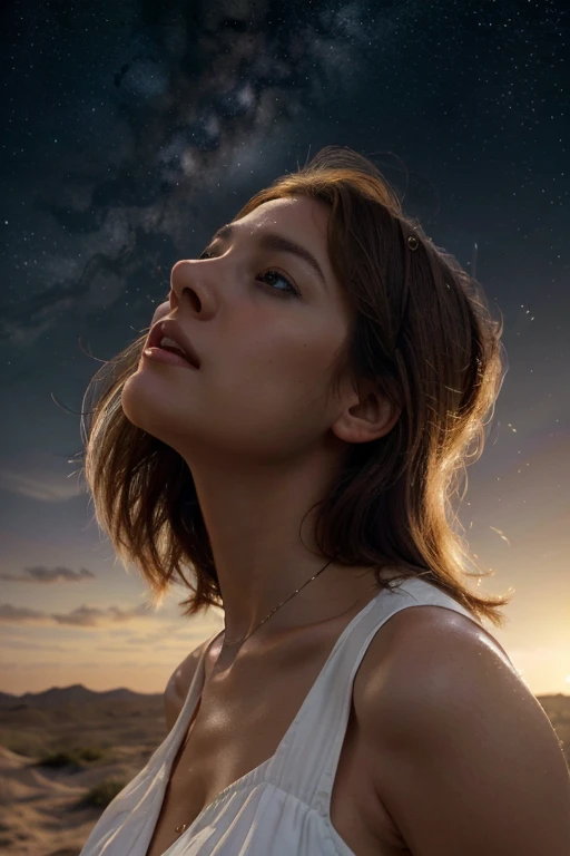 Realistic image in 3D digital art detailed 4K masterpiece of a Silhouette of a brown-haired western woman wearing a long white dress looking up at the sky. In the sky there are several symbols of the astrological signs mixed with the stars