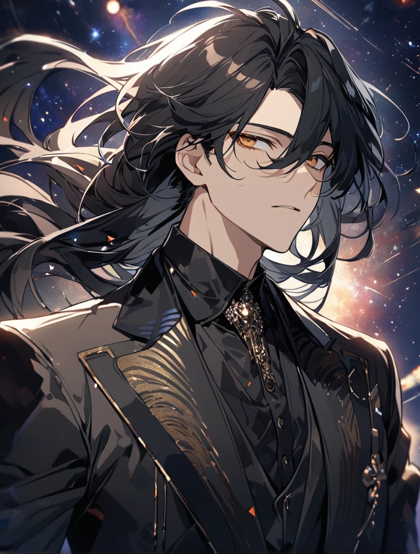 (black_hair), (long_male_hair), (deep_golden_eyes), (detailed_eyes), (attractive_and_handsome), (emotionless), (Deep_space_background), (male), (wears_black_suit), (long_male_hair), (detailed_Hair), (detailed), (detailed_mouth), (detailed), (on_his_twenties), (Europian) 