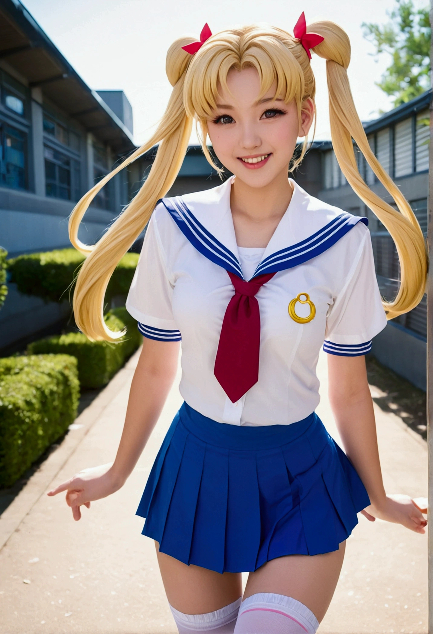 masterpiece, best quality, high resolution, 1 girl, detailed face, blush, CG anime style, (medium breasts), aichan, good lighting, perfect body, Serena Tsukino from Sailor Moon anime, blue eyes, thick eyelashes, glossy lips , blonde hair with long buns on each side looking at the viewer, laughing, schoolyard, white school shirt, pleated miniskirt, stockings, looking at the viewer, (panties: 0.8)