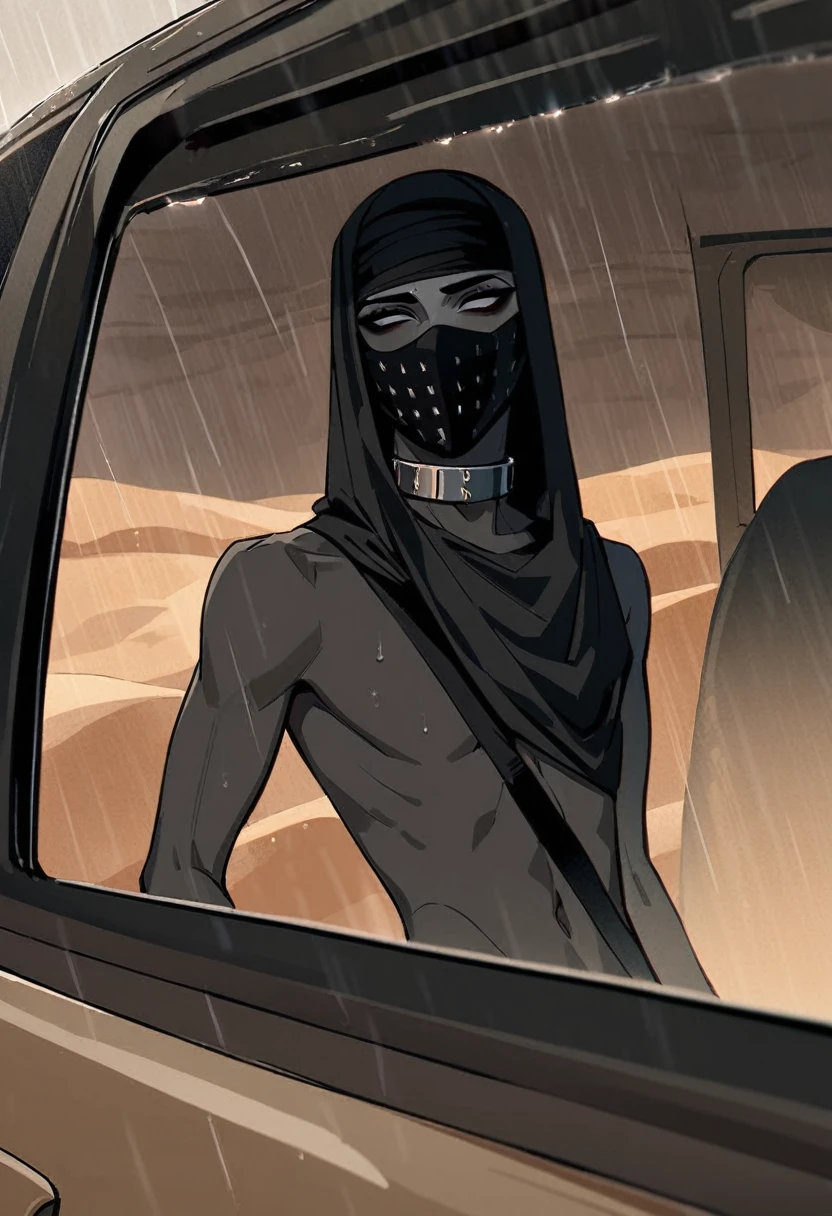 Male arab modern terrorist, terrorist, black balaclava, black bandage, black clothes, thin waist, skinny body, femboy, light skin, makeup, black eyeliner, big eyelashes, black eyeshadow, metal choker, light tanned skin, inside the car, desert, rain
