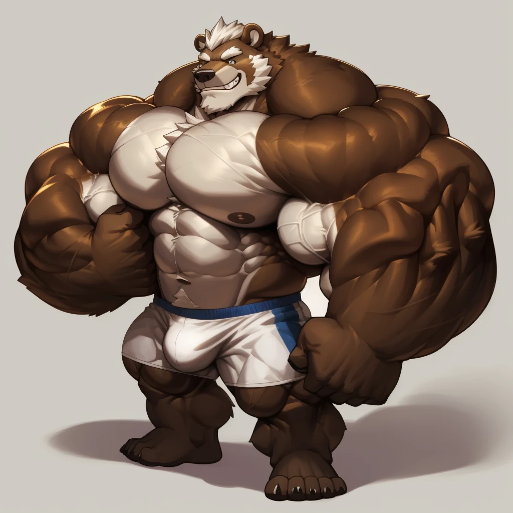 solo, 1boy, perfect anatomy, perfect proportion, grin, big eyes, wide chest, bulky, bulk, bulge, flattery. Huge Muscular Old grizzly bear with short hair standing ,(white shorts), view from side, pectoral, thick arms, huge pectoral, wide pectoral, white hair, white beards, huge brown fur, masterpiece, semirealistic:1.2, high detailed, 8k, high resolution, perfect center, full view. ((really big muscle, massive muscular, sixpack, thick arms, hairy paws, huge brown fur, wide pectoral, super huge muscle, hyper muscular, over sized muscle, huge arms, big arms, huge pectoral))