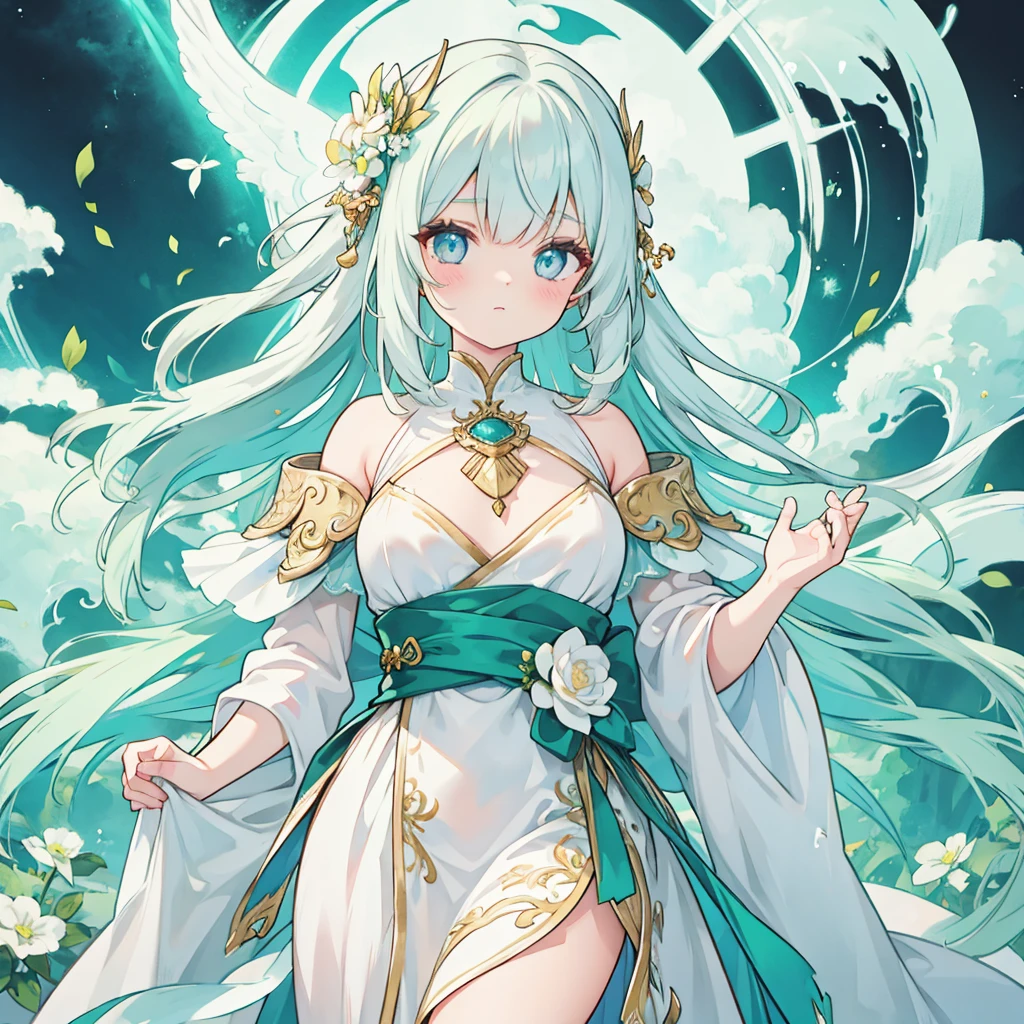1girl, white hair, long hair, green hair tips, white and long dress, detailed face, detailed eyes, highly detailed, 8k, ultra-detailed, photorealistic, masterpiece, digital painting, fantasy, cinematic lighting, vibrant colors, intricate details