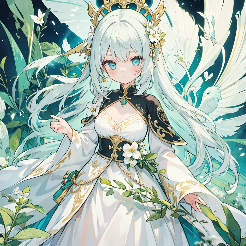 1girl, white hair, long hair, green hair tips, white and long dress, detailed face, detailed eyes, highly detailed, 8k, ultra-detailed, photorealistic, masterpiece, digital painting, fantasy, cinematic lighting, vibrant colors, intricate details