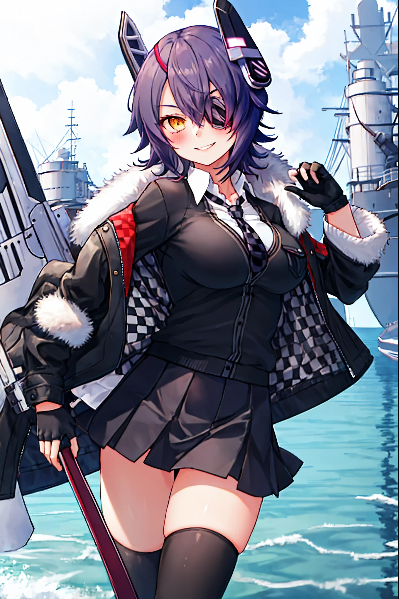 best quality, masterpiece, solo, {tenryuu_kantaicollection:1.15}, teen_girl, eyepatch, short_hair, purple_hair, yellow_eyes, headgear, breasts, necktie, large_breasts, smile, 1girl, blush, checkered_necktie, hair_over_one_eye, shirt, collared_shirt, white_shirt, jacket, sleeveless, brown_eyes, fur-trimmed_jacket, fur_trim, collarbone, looking_at_viewer, pocket, breast_pocket, , black_jacket, messy_hair, black_gloves, gloves, partially_fingerless_gloves,harbor_landscape_background,outdoor,short_skirt,thigh-highs,boots,sunlight,