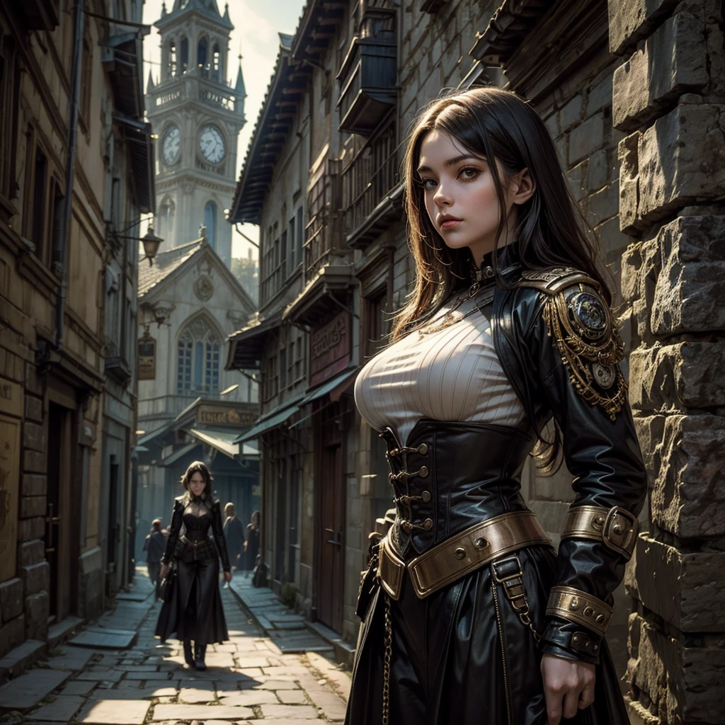 a girl in a steampunk military uniform in a gothic village surrounded by mysterious and surreal creatures