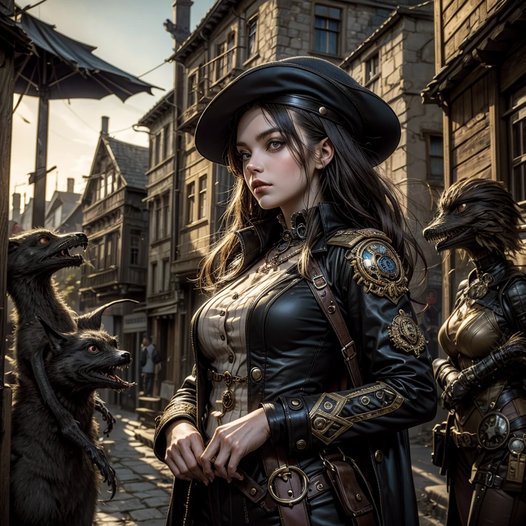 
a girl in a steampunk military uniform in a gothic village surrounded by mysterious and surreal creatures
