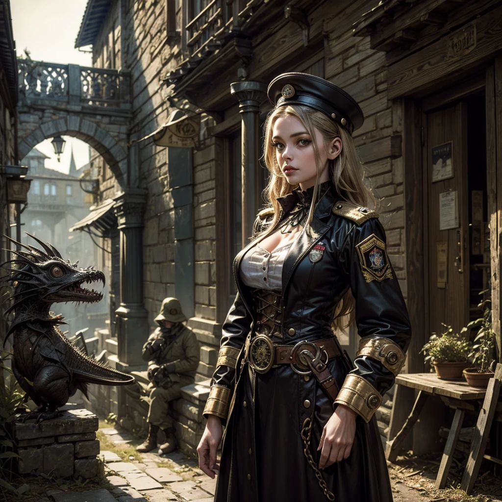 a girl in a steampunk military uniform in a gothic village surrounded by mysterious and surreal creatures