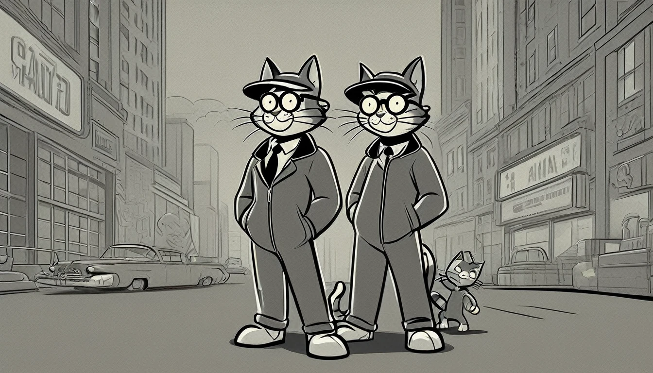 Generate an image in the style of a 1950s and 1960s advertisement featuring: personagem: three cat (like the vault boy) professioals hackers, like a super hero squad using a black hoodie and glasses. The background should be simple and uncluttered. Use only this cores: limited color palette of gray tones Use: clear lines, thick lines, and bold outlines
