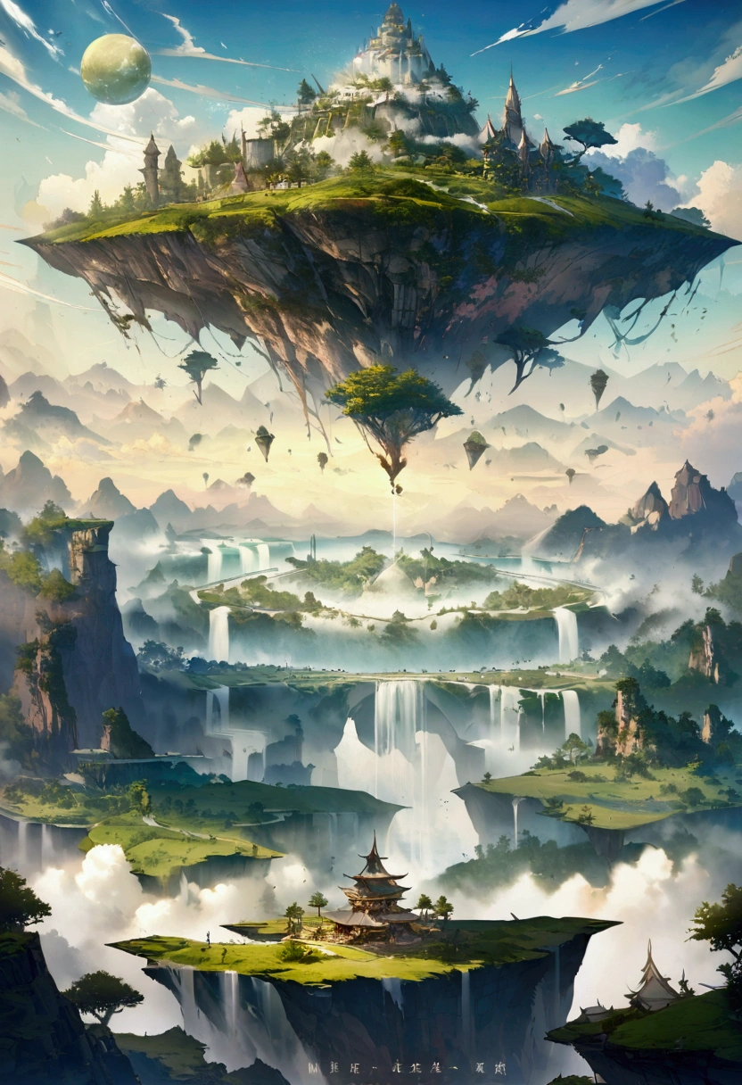 beautiful views of the immortal world, where cultivators achieve immortality, inspired by the story of the renegade immortal by Ergen, a world with various cultivation techniques, stepping on heaven, fantasy, xianxia, floating islands, mountains rising through the clouds, the sky filled with stars, full, vast landscapes unfolding, pure fantasy scenery